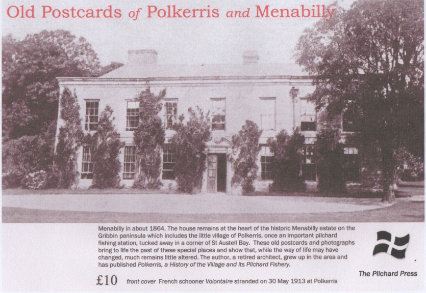 Black-and-white image of Menabilly house from around 1864, featuring its symmetrical facade, trees in front, and contextual text about its history as part of the Menabilly estate.